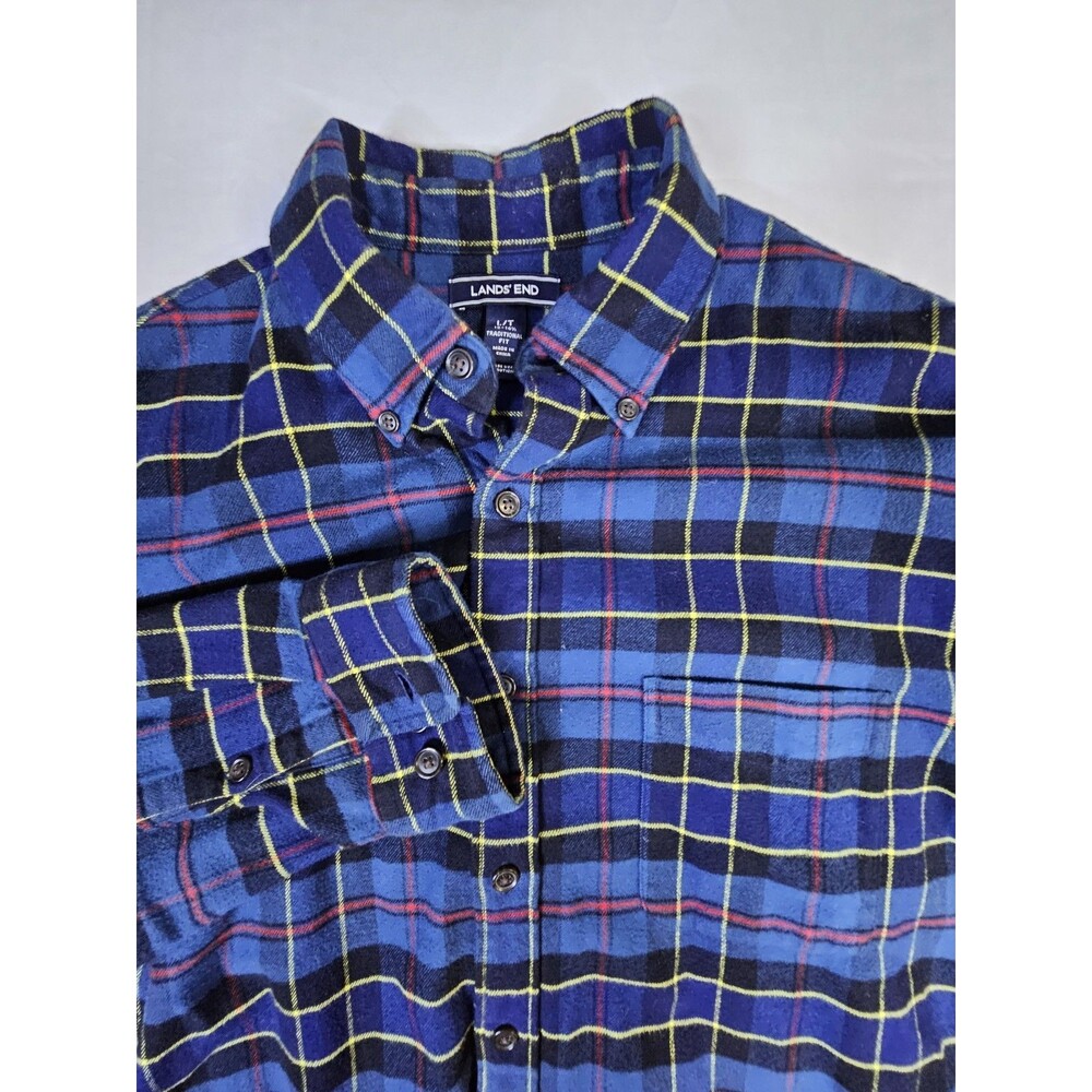 Land’s End Men's Sz Large Tall 16 - 16 1/2 Blue Plaid Heavy Flannel Button LT